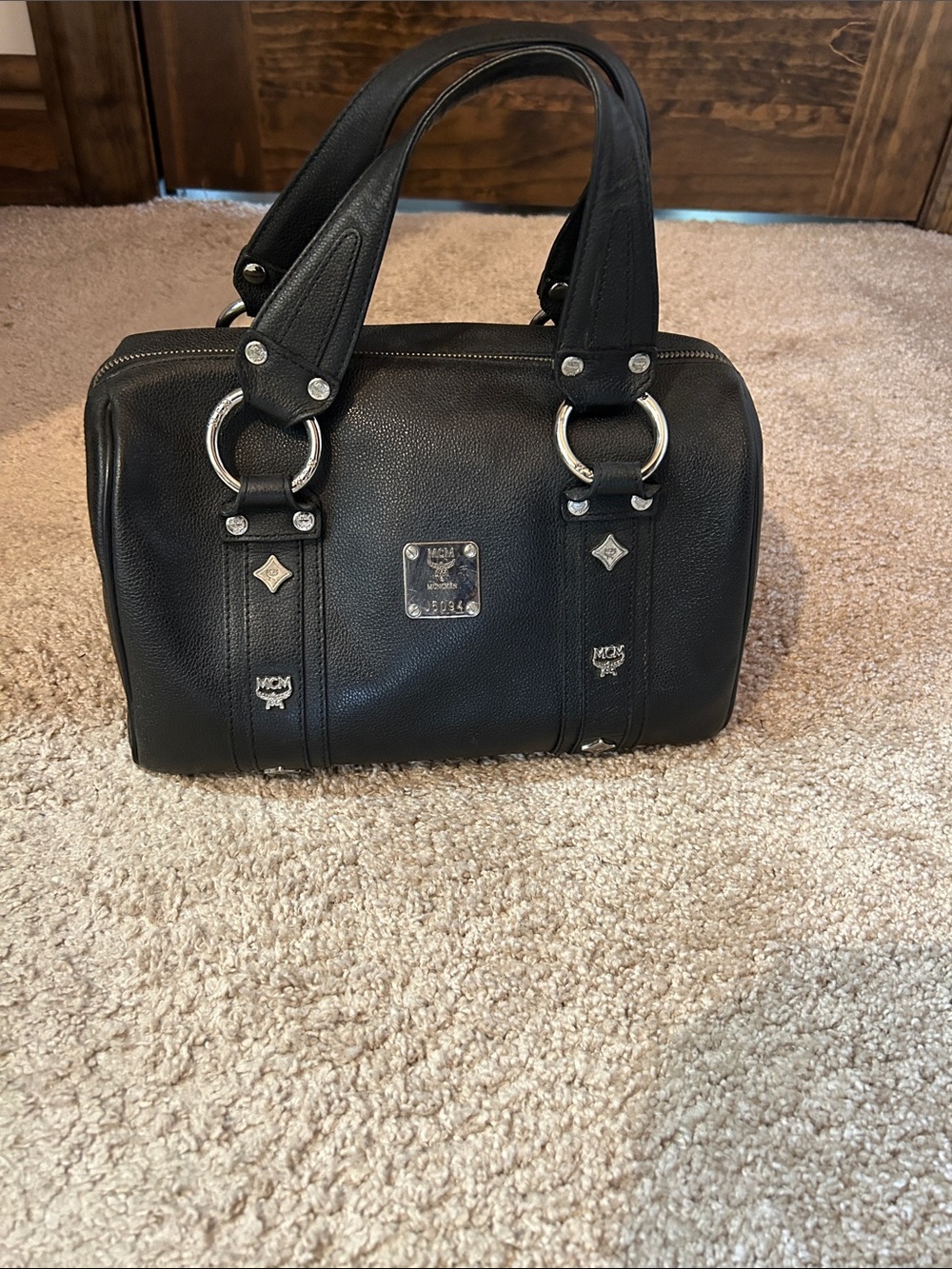 MCM Black Leather Bowling Bag with Silver Hardware